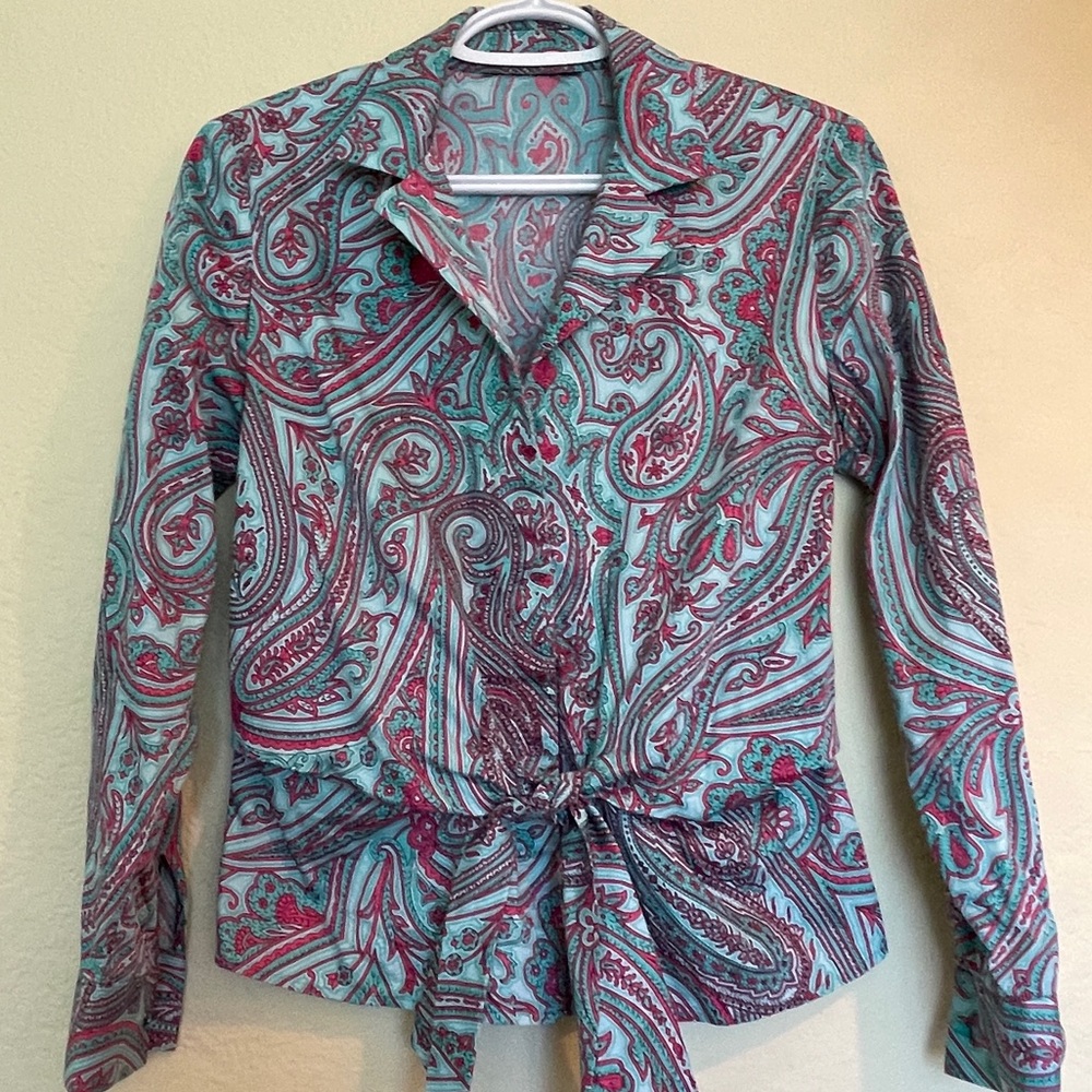 Vintage Long Sleeve Paisley Tie Front Blouse